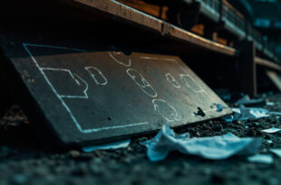 Overturned tactical board and scattered papers in empty football dugout area
