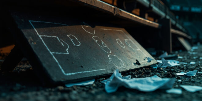 Overturned tactical board and scattered papers in empty football dugout area