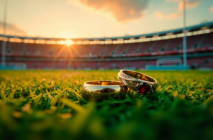 Two golden wedding rings sitting on green artificial turf of empty football field with stadium seats visible