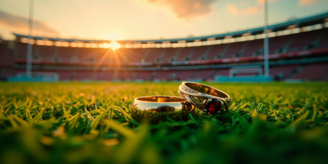 Two golden wedding rings sitting on green artificial turf of empty football field with stadium seats visible