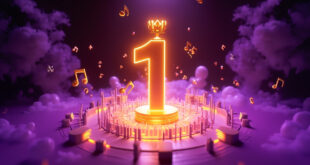 Golden crown floating above purple digital charts with musical notes, representing streaming platform record achievement.