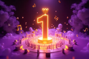 Golden crown floating above purple digital charts with musical notes, representing streaming platform record achievement.