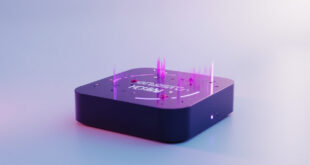 Black streaming device with glowing purple screen showing rising chart numbers, surrounded by floating musical notes