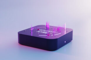 Black streaming device with glowing purple screen showing rising chart numbers, surrounded by floating musical notes