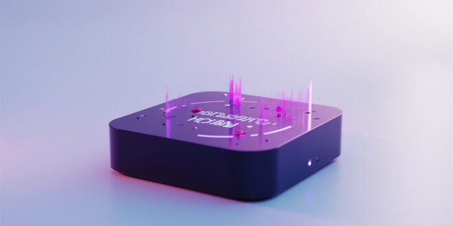 Black streaming device with glowing purple screen showing rising chart numbers, surrounded by floating musical notes