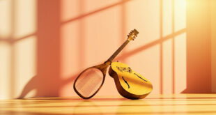 Tennis racket and acoustic guitar crossed together on wooden surface with soft golden lighting