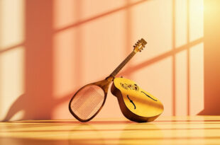 Tennis racket and acoustic guitar crossed together on wooden surface with soft golden lighting