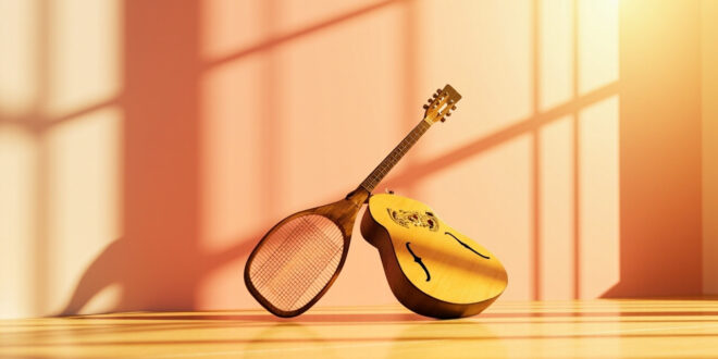Tennis racket and acoustic guitar crossed together on wooden surface with soft golden lighting