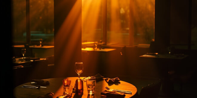 Empty round table with multiple place settings and one highlighted chair in a dimly lit restaurant, evoking solitude.