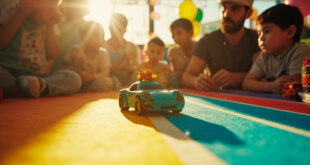 First birthday celebration featuring toy car centerpiece and decorated cake in colorful indoor party venue