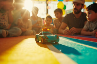 First birthday celebration featuring toy car centerpiece and decorated cake in colorful indoor party venue