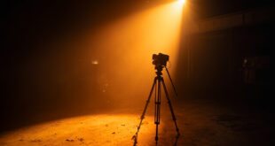Vintage film camera on empty tripod bathed in spotlight inside abandoned twilight studio with dust particles in golden amber light