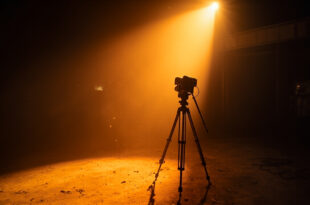 Vintage film camera on empty tripod bathed in spotlight inside abandoned twilight studio with dust particles in golden amber light