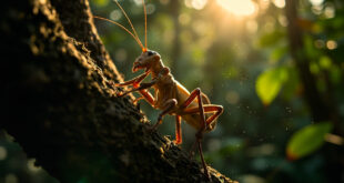 Giant stick insect camouflaged on eucalyptus branch in high-altitude rainforest canopy of northern Queensland