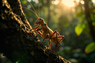 Giant stick insect camouflaged on eucalyptus branch in high-altitude rainforest canopy of northern Queensland