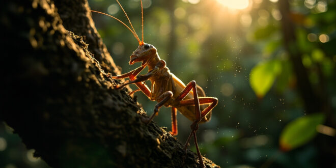 Giant stick insect camouflaged on eucalyptus branch in high-altitude rainforest canopy of northern Queensland