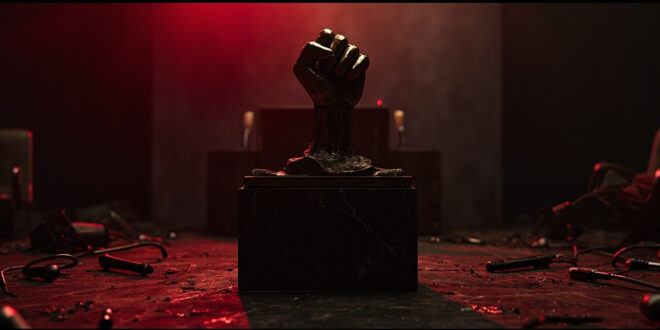 Bronze fist sculpture on marble base in dimly lit room with dramatic shadows