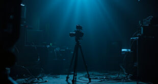 Dark streaming room with powered-off camera equipment and monitors, cables scattered across desk.