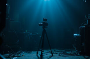 Dark streaming room with powered-off camera equipment and monitors, cables scattered across desk.