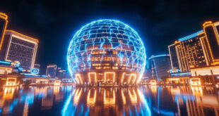 Glowing spherical entertainment venue on Las Vegas Strip with dynamic LED light patterns cascading down curved surface