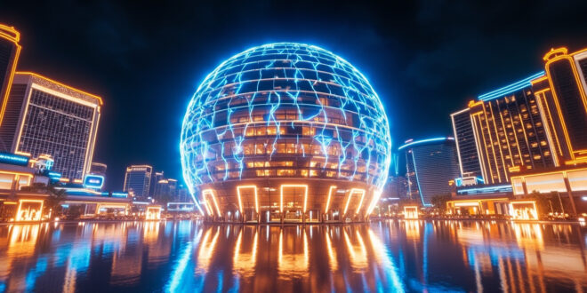Glowing spherical entertainment venue on Las Vegas Strip with dynamic LED light patterns cascading down curved surface
