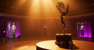 Golden Emmy trophy on an empty podium next to elaborate stage costumes in an elegant, vacant awards ceremony venue