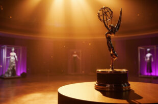 Golden Emmy trophy on an empty podium next to elaborate stage costumes in an elegant, vacant awards ceremony venue