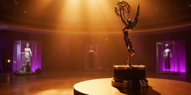 Golden Emmy trophy on an empty podium next to elaborate stage costumes in an elegant, vacant awards ceremony venue