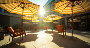 Empty chairs beneath yellow and white striped umbrellas on concrete patio in formal government garden courtyard