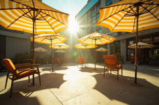 Empty chairs beneath yellow and white striped umbrellas on concrete patio in formal government garden courtyard