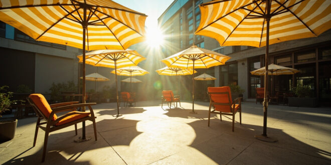 Empty chairs beneath yellow and white striped umbrellas on concrete patio in formal government garden courtyard