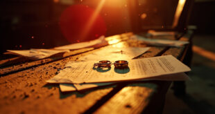 Empty courthouse bench with scattered marriage certificates and three wedding rings on legal papers in dramatic lighting