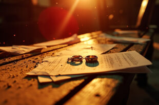 Empty courthouse bench with scattered marriage certificates and three wedding rings on legal papers in dramatic lighting