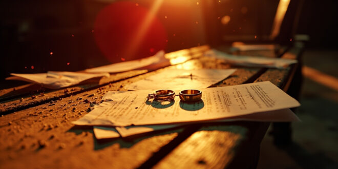 Empty courthouse bench with scattered marriage certificates and three wedding rings on legal papers in dramatic lighting
