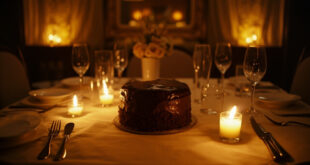 Chocolate birthday cake with lit candles on elegant dining table surrounded by party decorations