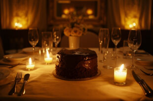 Chocolate birthday cake with lit candles on elegant dining table surrounded by party decorations