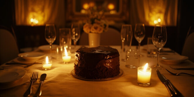 Chocolate birthday cake with lit candles on elegant dining table surrounded by party decorations