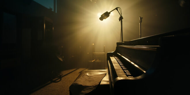 Unopened sheet music rests on a piano bench in an abandoned recording studio at twilight, with a silent microphone stand nearby.