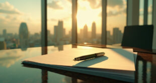 Luxury golden fountain pen resting on blank contract papers on mahogany desk in modern boardroom overlooking city skyline