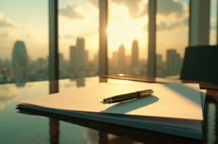 Luxury golden fountain pen resting on blank contract papers on mahogany desk in modern boardroom overlooking city skyline