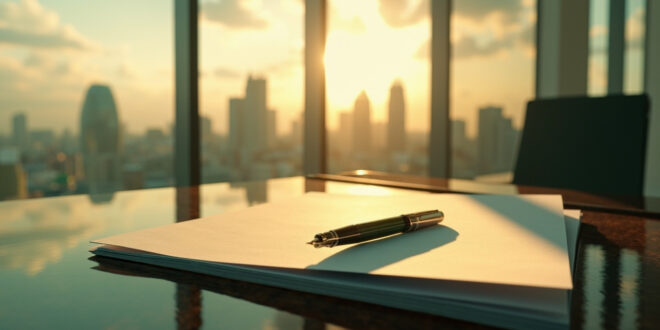 Luxury golden fountain pen resting on blank contract papers on mahogany desk in modern boardroom overlooking city skyline