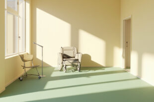Modern accessible home interior with medical equipment, empty wheelchair, and comfortable seating in soft lighting