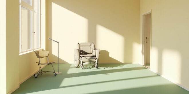 Modern accessible home interior with medical equipment, empty wheelchair, and comfortable seating in soft lighting