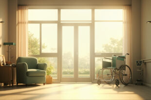 Empty armchair by window in modern care facility with medical equipment and family photographs