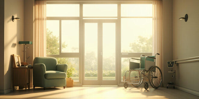 Empty armchair by window in modern care facility with medical equipment and family photographs