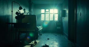 Abandoned hospital room with an empty bed and wilted flowers on a bedside table at twilight, medical equipment unused.