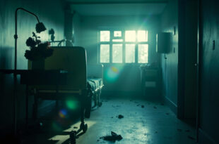 Abandoned hospital room with an empty bed and wilted flowers on a bedside table at twilight, medical equipment unused.