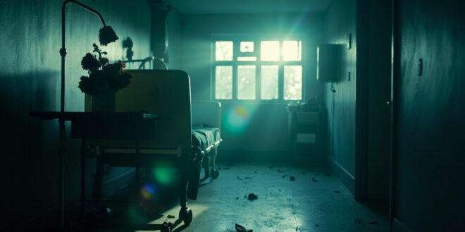 Abandoned hospital room with an empty bed and wilted flowers on a bedside table at twilight, medical equipment unused.
