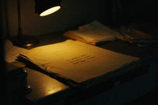 Manila evidence folder on metal desk in dark investigation room