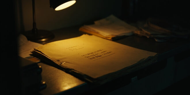 Manila evidence folder on metal desk in dark investigation room